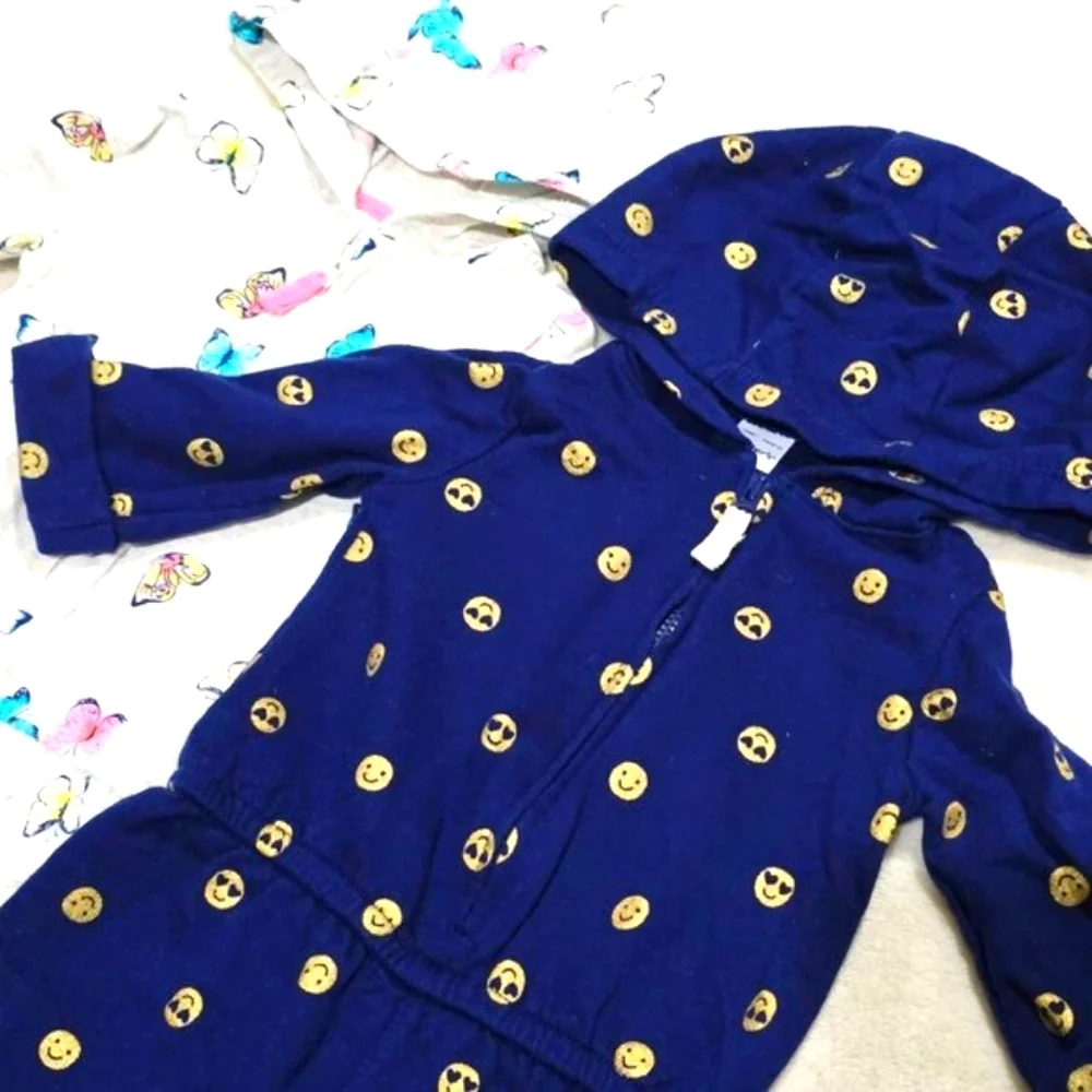 Carters Baby Girls Hooded Romper Jumpsuit 2 Pack Butterfly Smiley Face EUC 12M